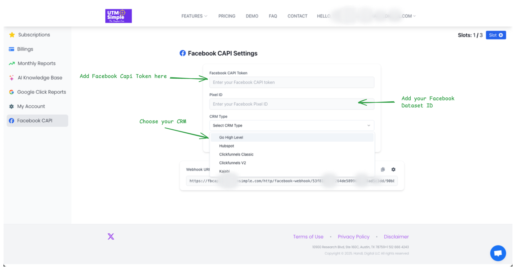 Image showing how to create UTMSimple Facebook Capi endpoint