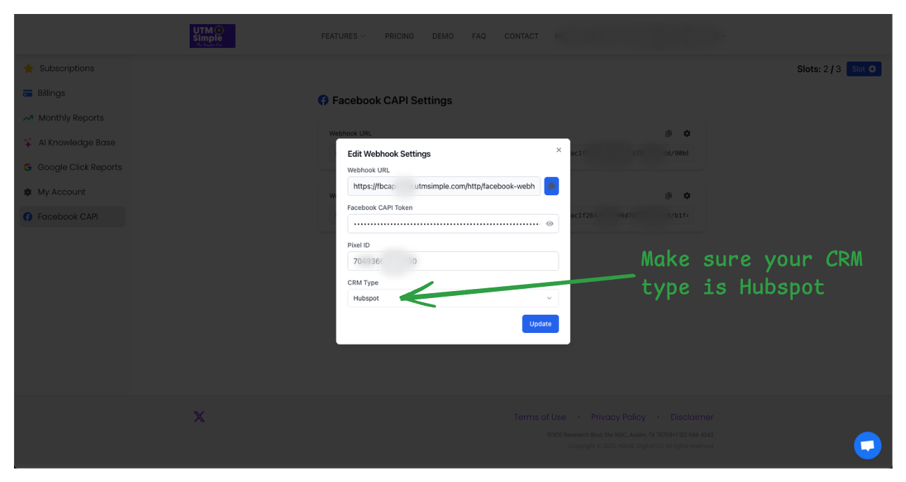 Make sure CRM type is Hubspot in UTMSimple