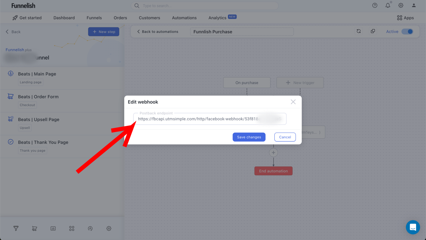 Set webhook in Funnelish dashboard